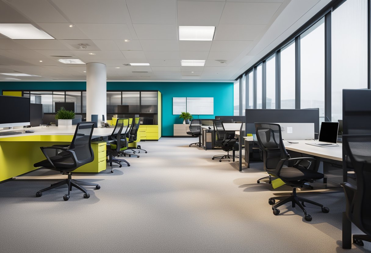 A modern office space with sleek furniture and vibrant accent colors. Clean lines and open layout create an inviting atmosphere