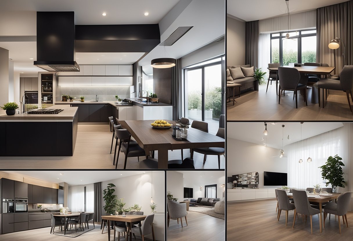 The 2-storey house interior features a modern open-plan layout with a spacious living room, a sleek kitchen, and a dining area on the first floor. The second floor includes cozy bedrooms and a stylish bathroom