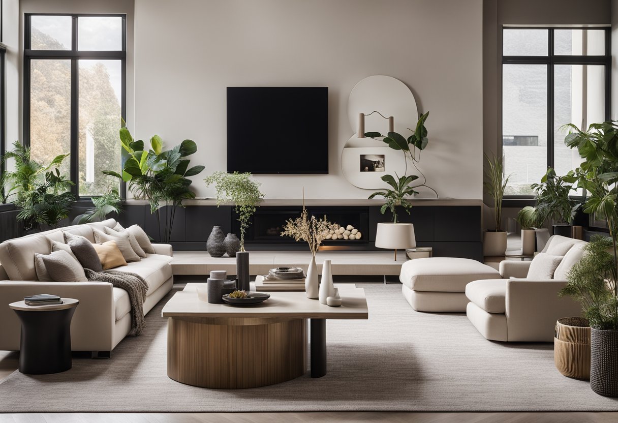 A modern living room with sleek furniture and vibrant artwork. Clean lines and a neutral color palette create a sophisticated and inviting space