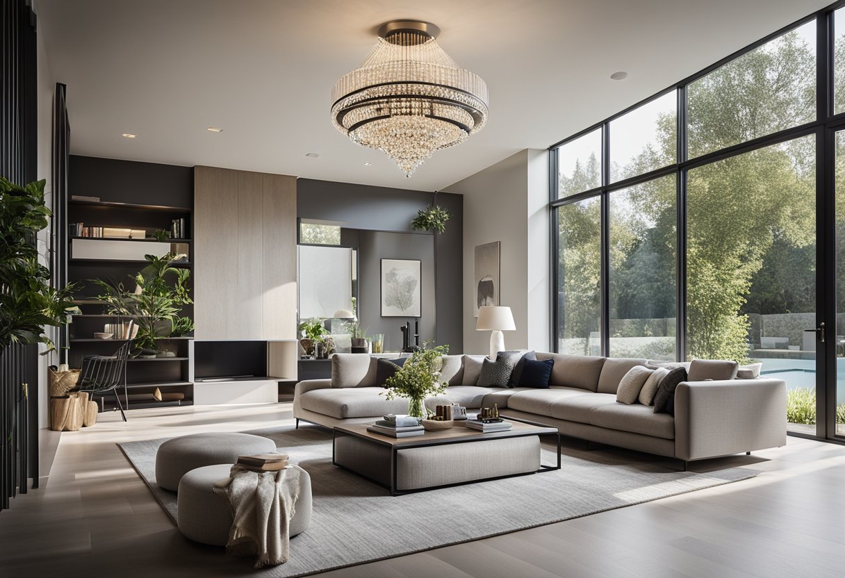 A sleek, modern living room with clean lines, neutral colors, and pops of vibrant accents. A statement chandelier hangs above a minimalist coffee table, while large windows allow natural light to fill the space