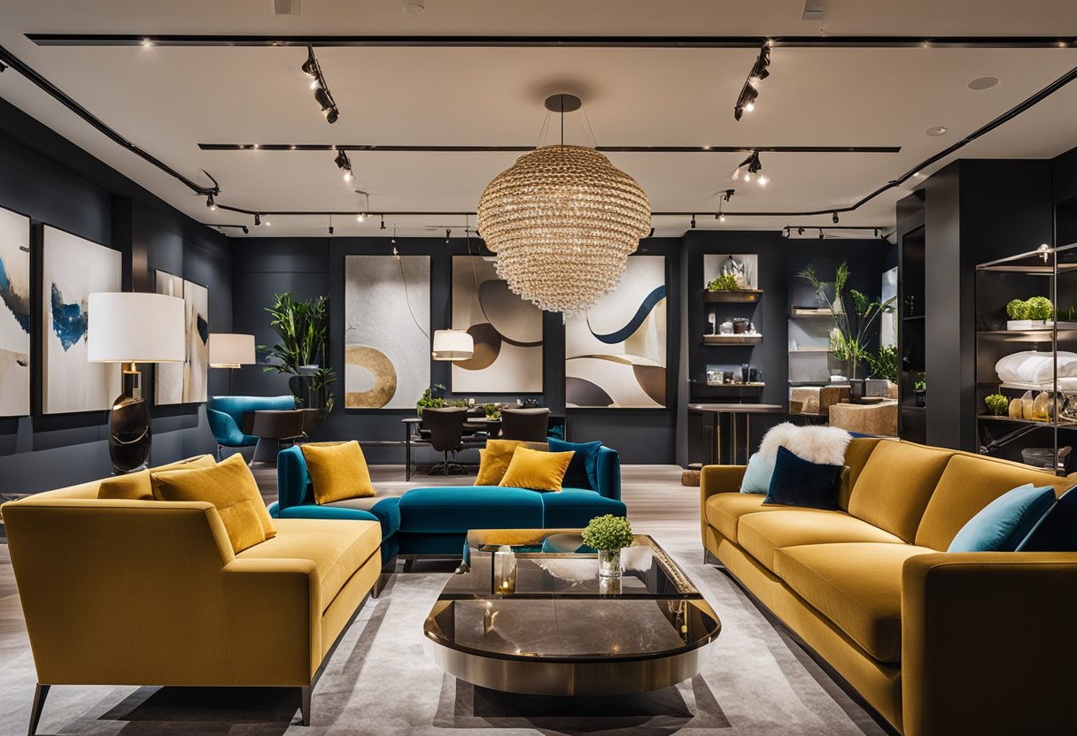 A modern, sleek interior design showroom with vibrant color palettes, elegant furniture displays, and stylish lighting fixtures