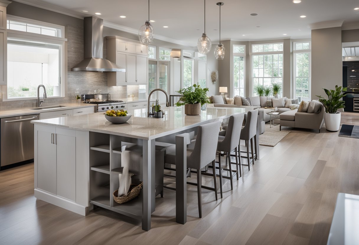 The open-concept living room features modern furniture, natural light, and a neutral color palette. The kitchen is sleek and functional, with stainless steel appliances and a large island for entertaining