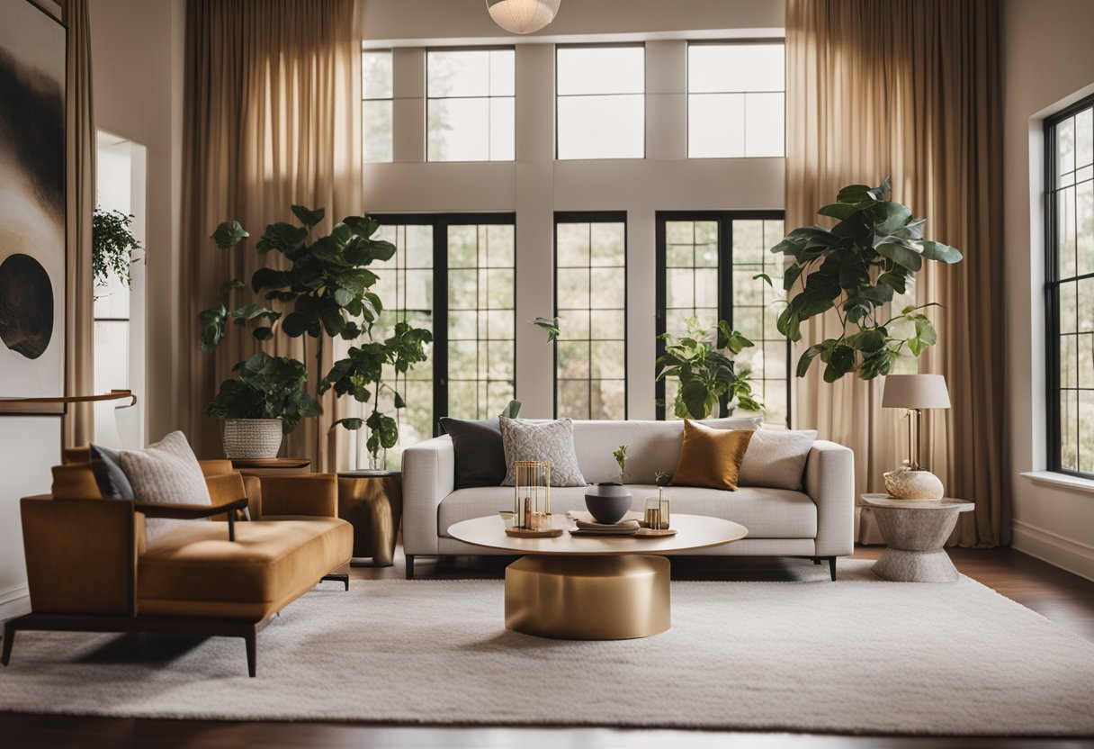 A cozy living room with modern furniture and warm color scheme, natural light streaming in through large windows, and decorative accents adding a touch of elegance