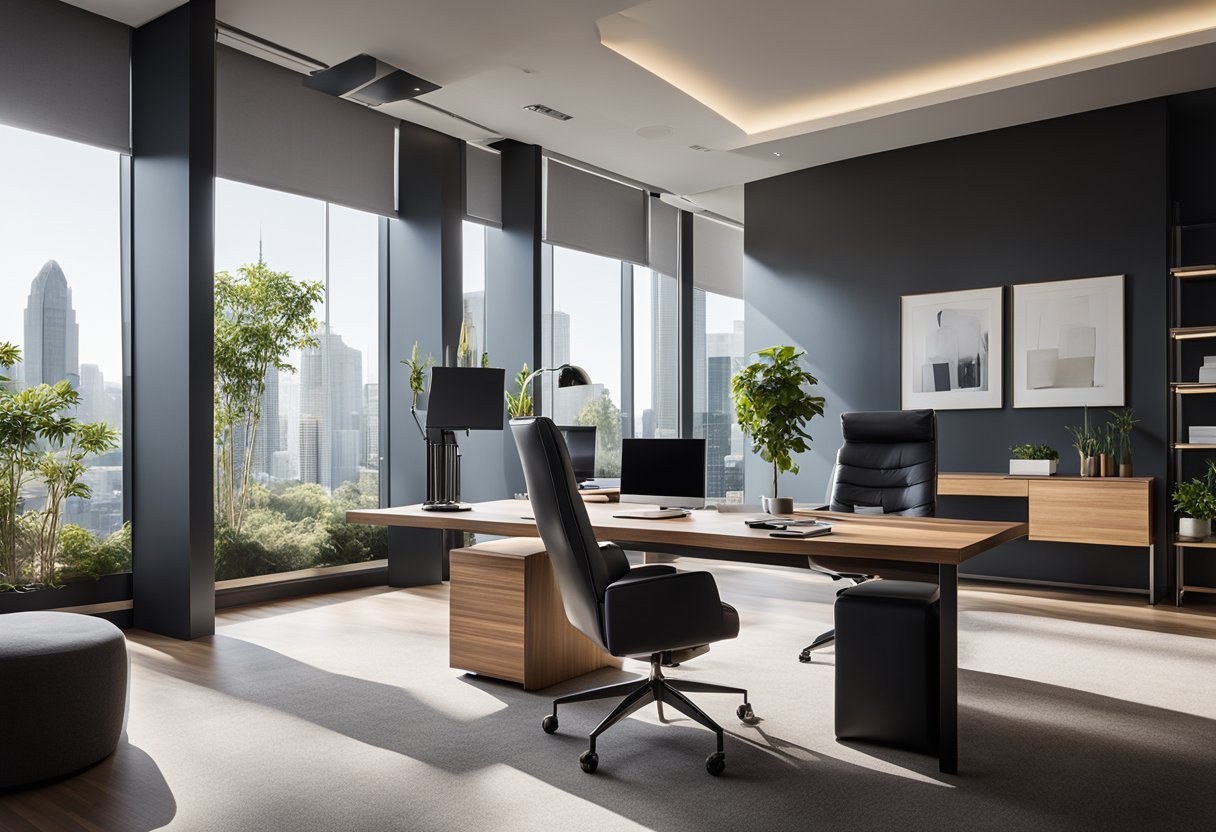 A modern office with sleek furniture and a large desk. A computer screen displays "Frequently Asked Questions Vincent Interior Design." Sunlight streams in through the window, illuminating the space