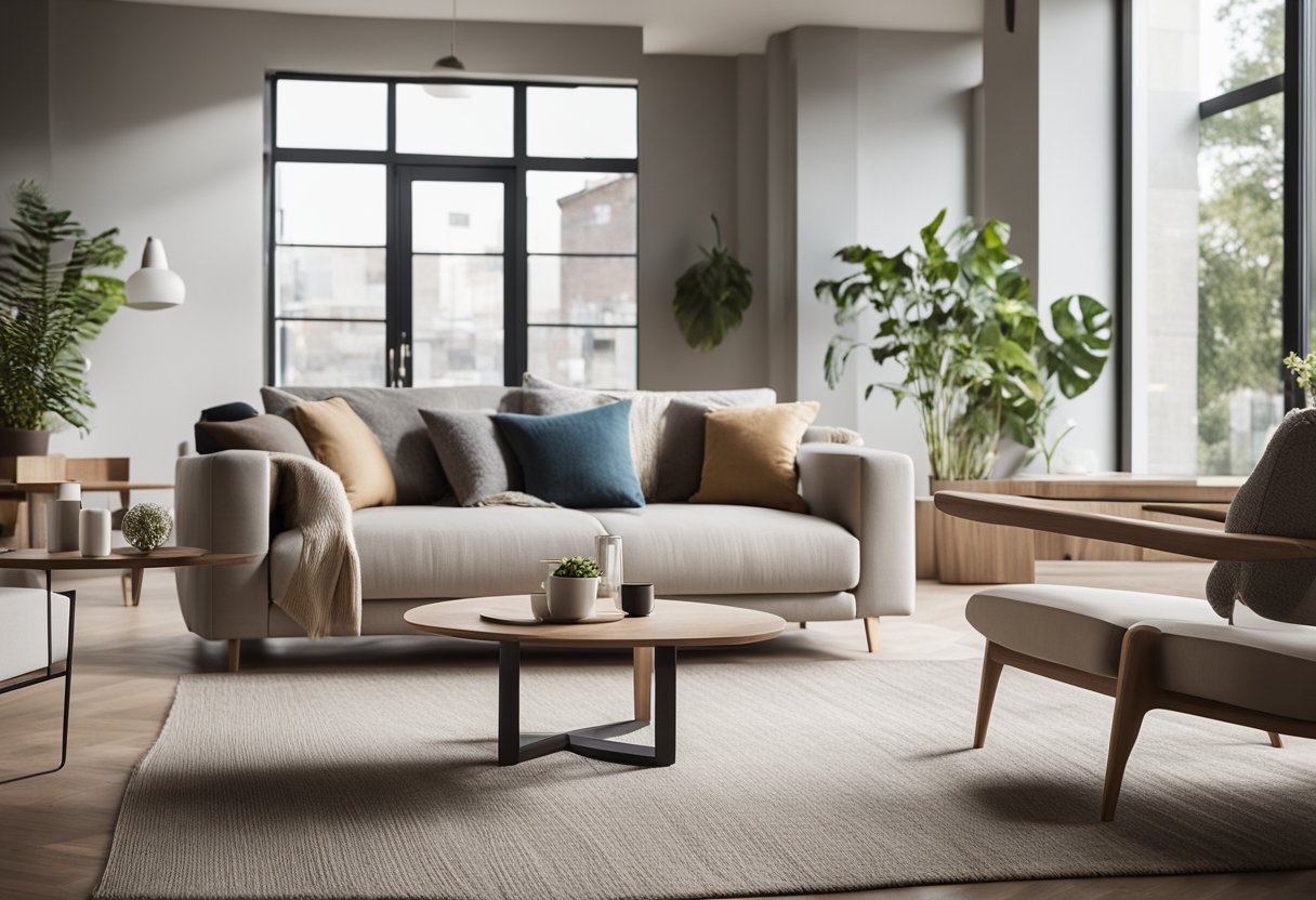 The living room features a cozy sofa, a modern coffee table, and a stylish rug. The large windows allow natural light to fill the space, highlighting the elegant decor and creating a warm and inviting atmosphere