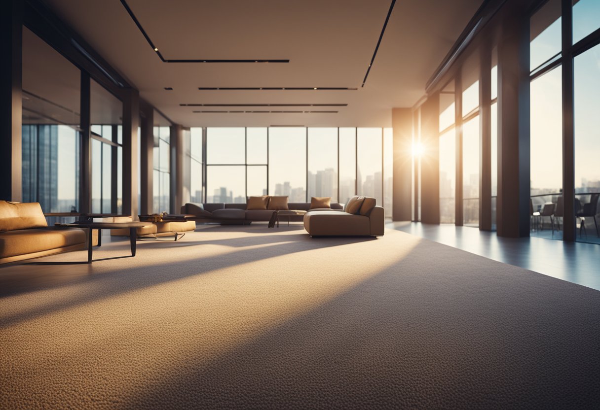 Vibrant colors and varied textures fill the room, from plush carpets to smooth marble. Sunlight streams through large windows, casting warm, inviting shadows across the space