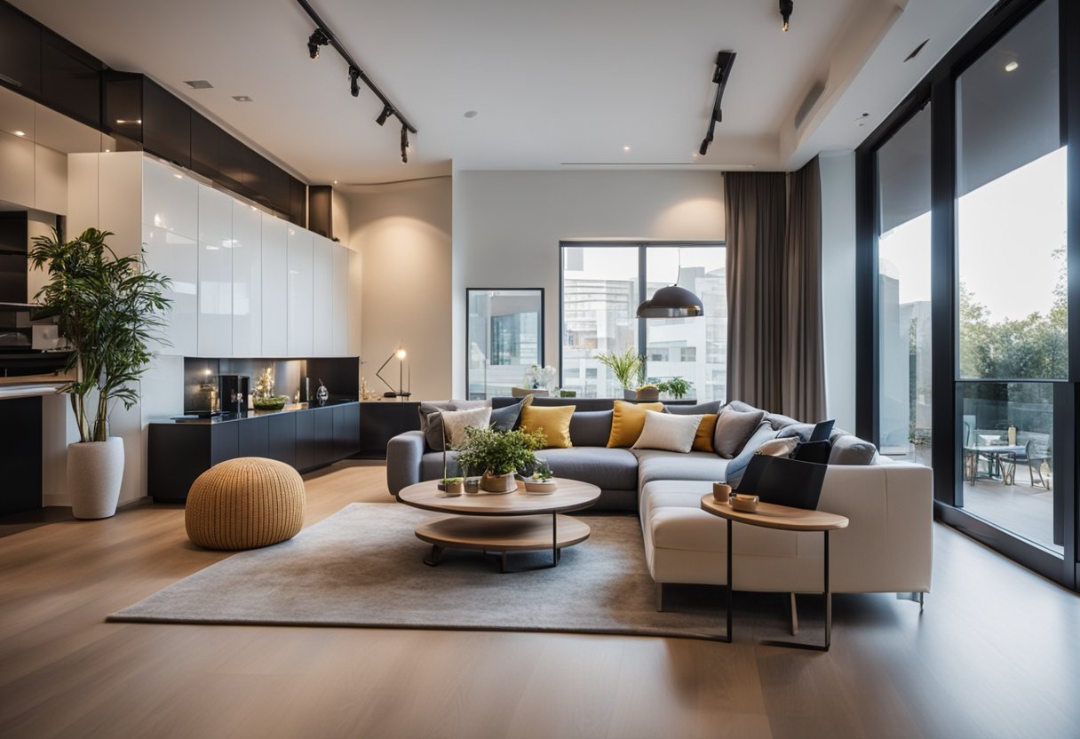 A cozy living room with modern furniture and warm lighting. A sleek kitchen with granite countertops and stainless steel appliances. A stylish bedroom with a comfortable bed and elegant decor