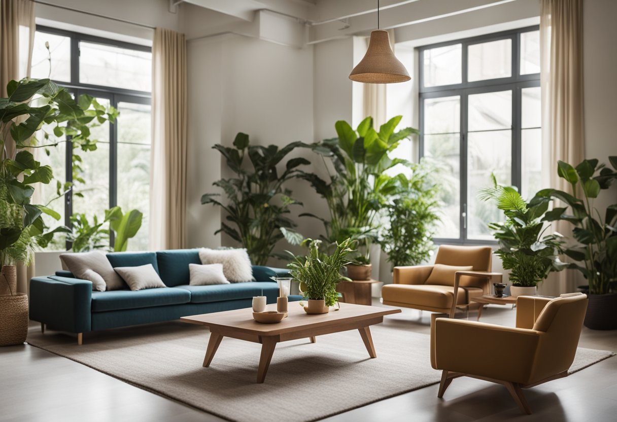 A well-lit room with balanced furniture arrangement, plants, and natural elements. The color scheme is harmonious, and there is a sense of flow and openness in the space