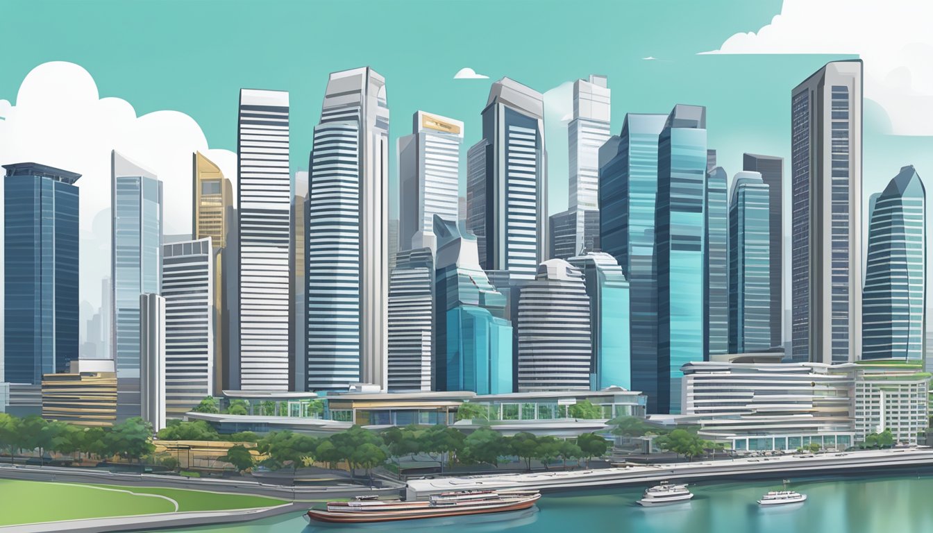 A bustling Singapore skyline with modern skyscrapers and bustling financial district, showcasing the city's economic prowess and potential for investment