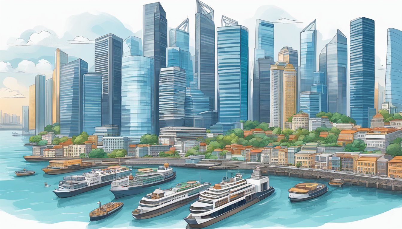 A bustling city skyline with modern skyscrapers, financial district, and bustling ports, showcasing Singapore's economic stability and growth prospects for potential investment
