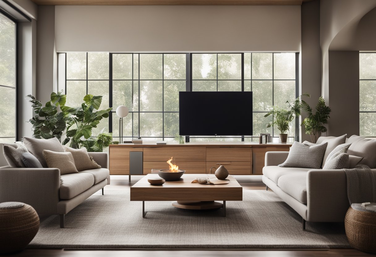 A serene living room with balanced furniture and natural light, incorporating elements of earth, water, wood, metal, and fire for harmonious energy flow