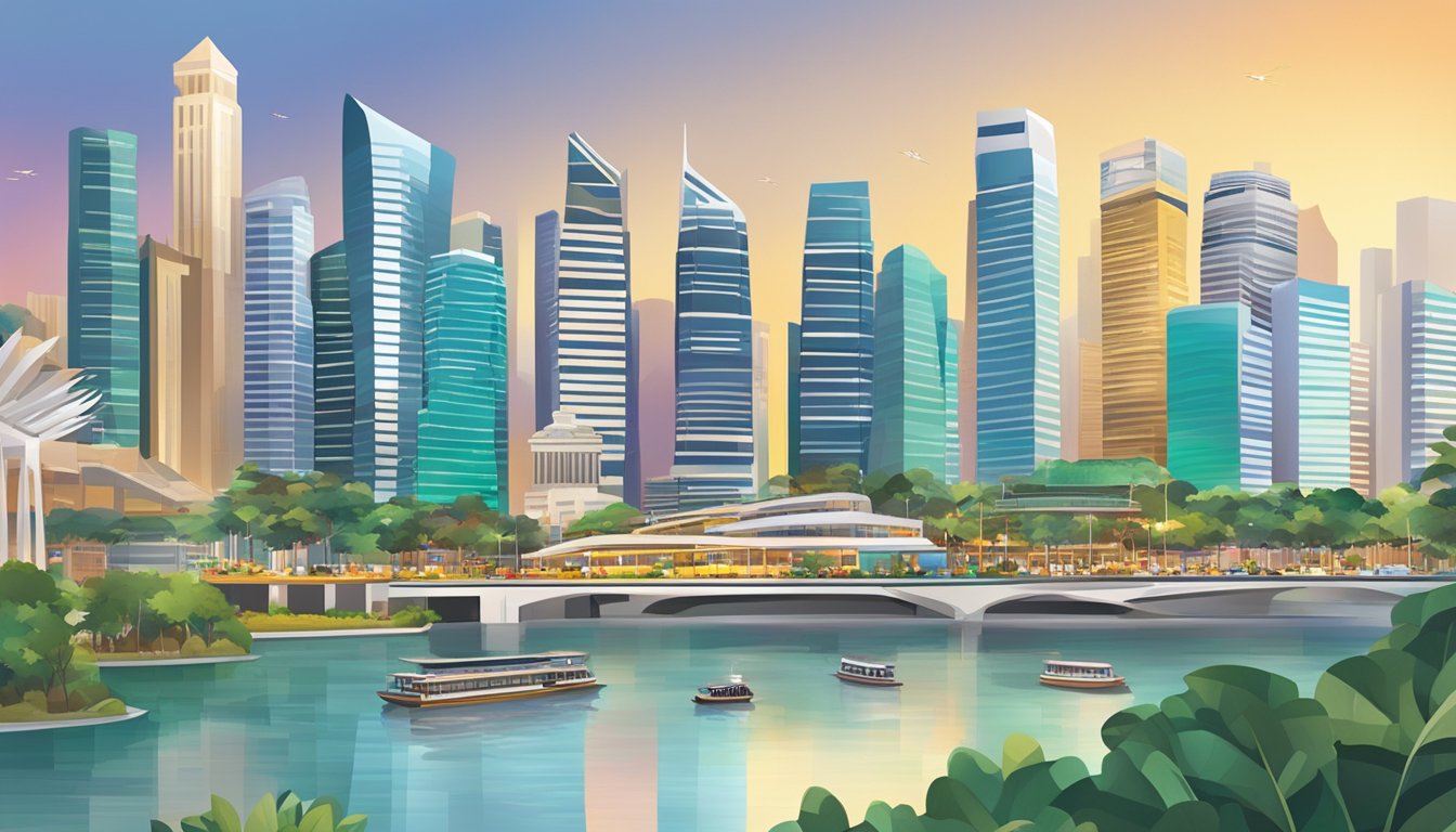 A bustling Singapore cityscape with skyscrapers, financial districts, and diverse cultural elements, symbolizing various investment opportunities