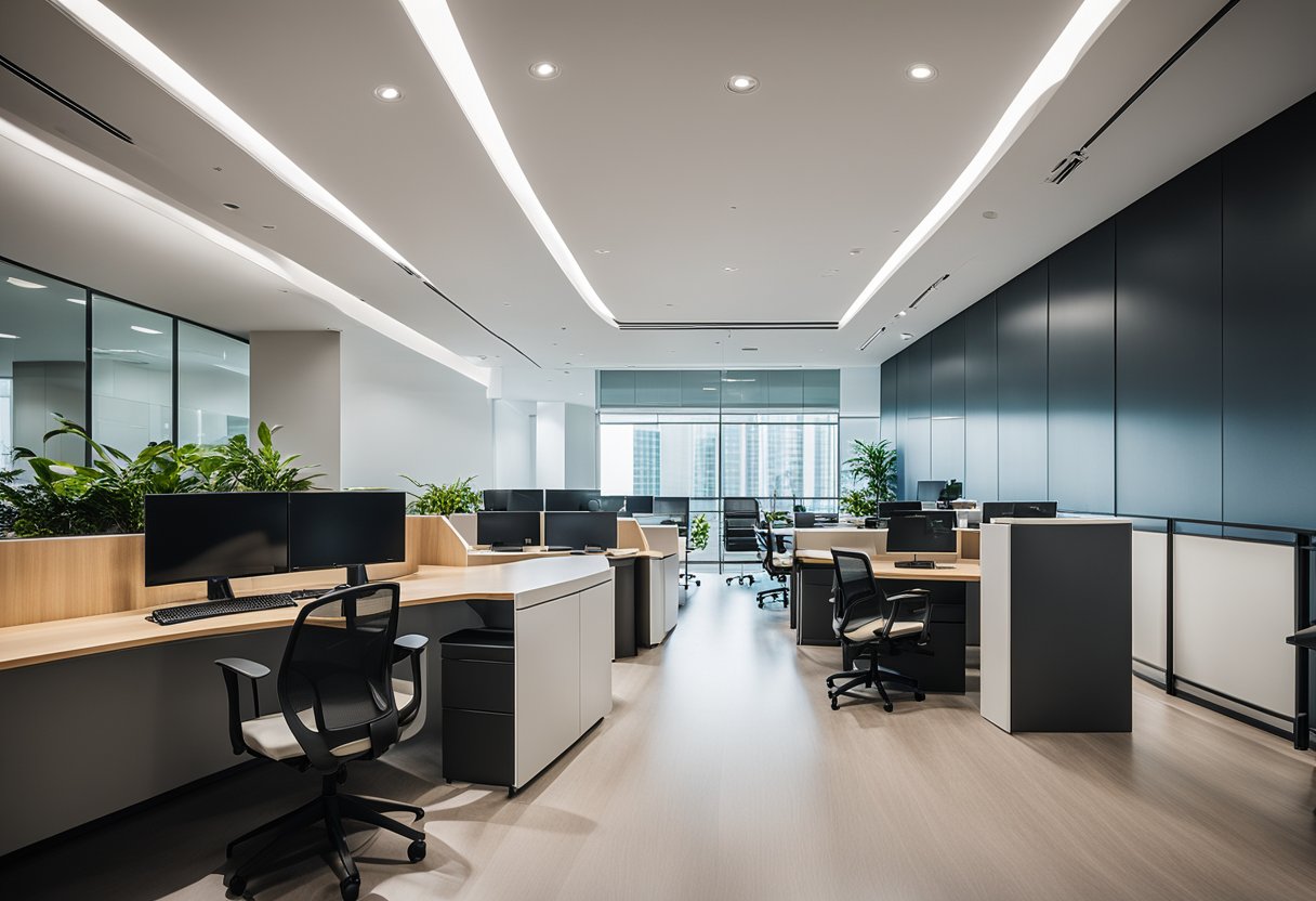 The commercial office interior in Singapore features modern furniture, sleek lines, and a minimalist color palette. The space is filled with natural light, creating a bright and inviting atmosphere