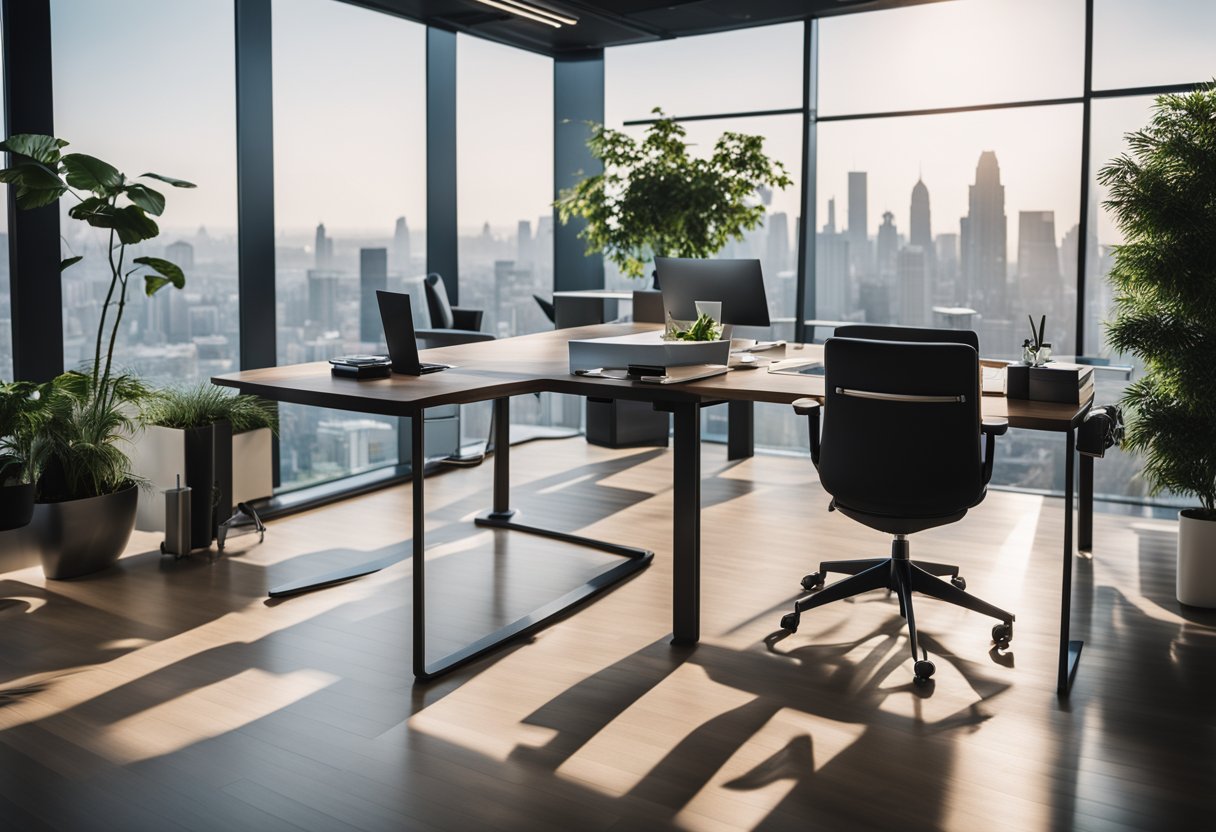 A modern, open-concept office space with sleek furniture, large windows overlooking the city skyline, and vibrant greenery throughout