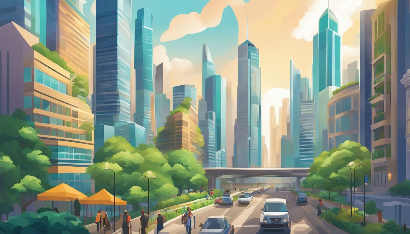 A bustling cityscape with iconic skyscrapers and financial institutions, surrounded by lush greenery and modern infrastructure. The scene depicts a vibrant and dynamic financial hub, with symbols of investment and economic growth