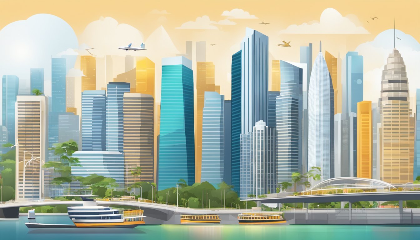 A bustling Singapore cityscape with soaring skyscrapers and bustling financial districts, accompanied by charts and graphs showcasing positive market trends and economic indicators