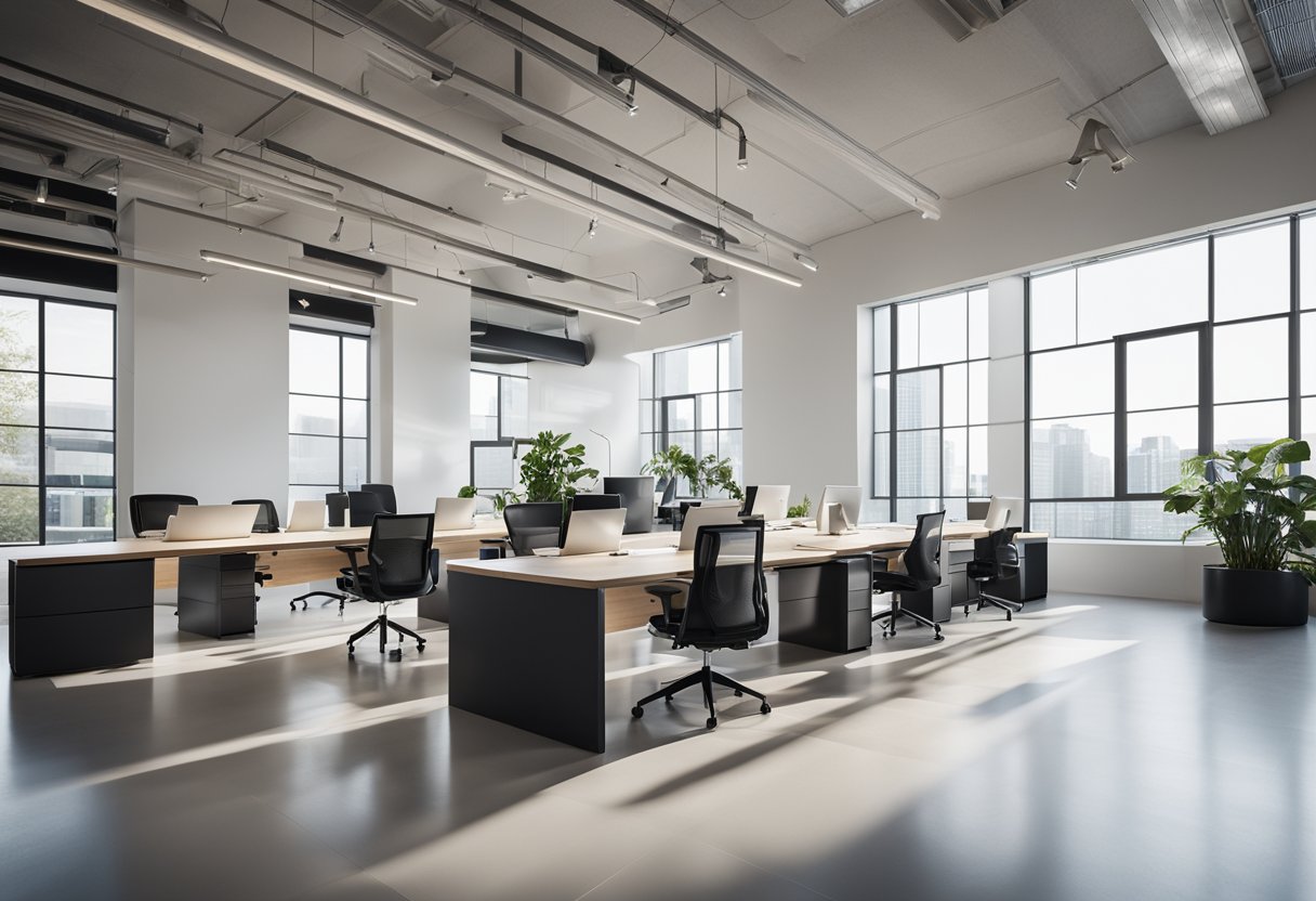 A sleek, modern office space with clean lines, a neutral color palette, and plenty of natural light streaming through large windows. The furniture is minimalist yet functional, creating a professional and inviting atmosphere