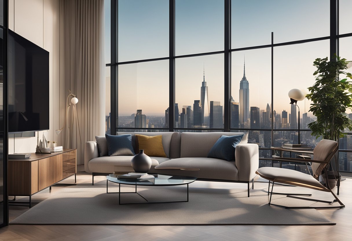 The sleek, minimalist lines of a modern living room with a panoramic view of the city skyline through floor-to-ceiling windows