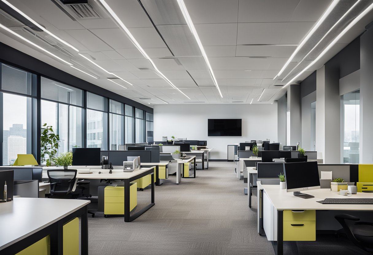 A modern office with sleek furniture, vibrant accent colors, and open workspaces. Clean lines and plenty of natural light create a welcoming and professional atmosphere