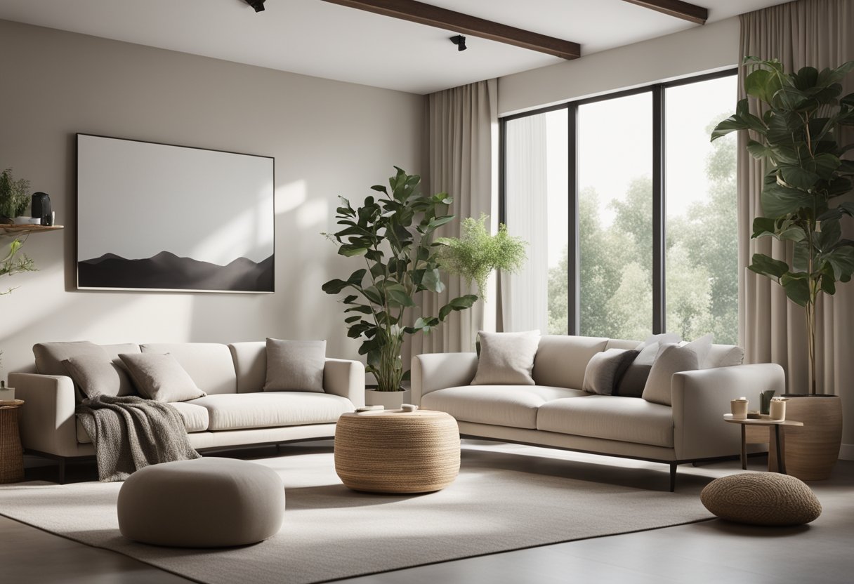 A serene, minimalist living room with natural light, clean lines, and neutral colors. A cozy seating area with soft textures and a hint of greenery for a tranquil atmosphere
