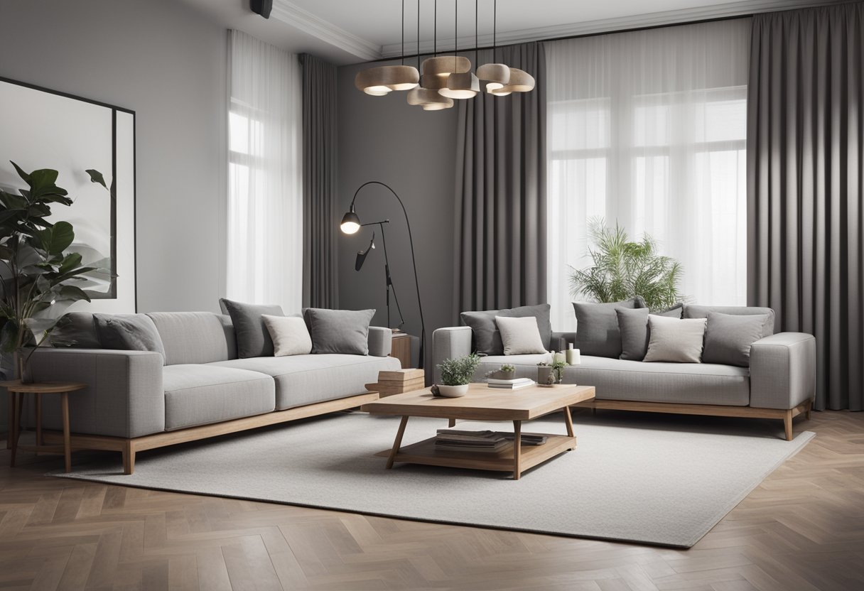 A modern living room with grey and white color scheme, featuring wooden furniture and minimalist decor