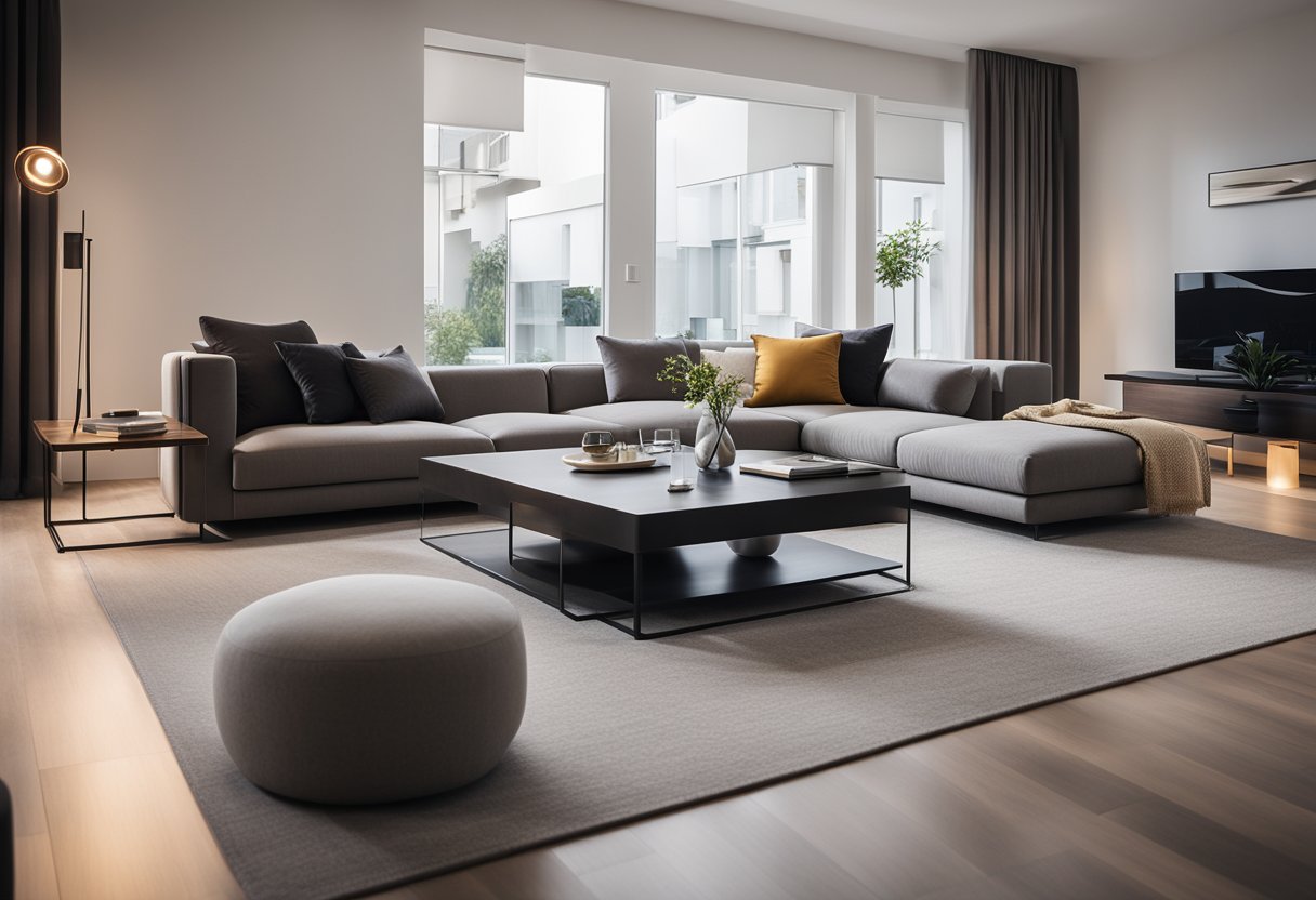 A sleek, modern living room with clean lines, minimalist furniture, and warm lighting, showcasing a perfect balance of functionality and elegance