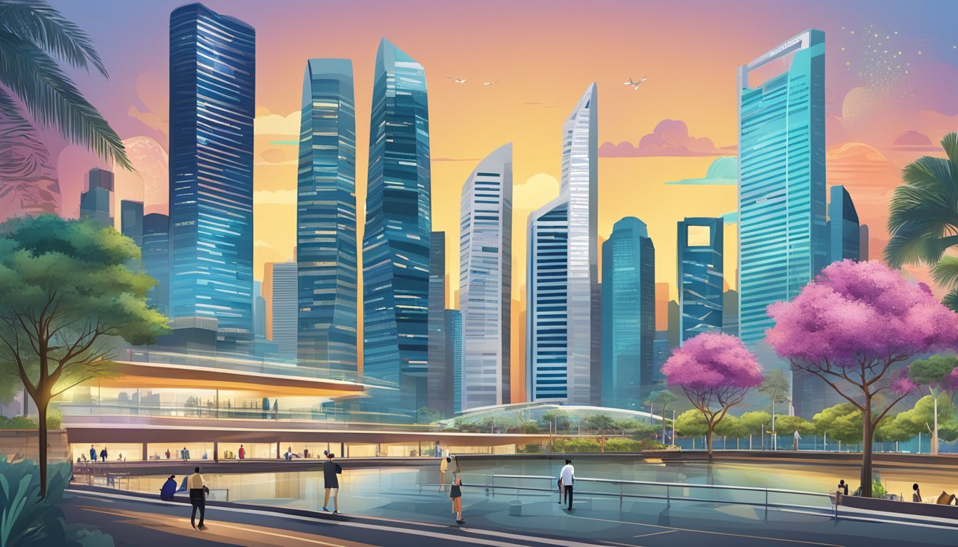 A bustling Singapore skyline with iconic landmarks, financial district, and vibrant cityscape, symbolizing the country's potential for investment