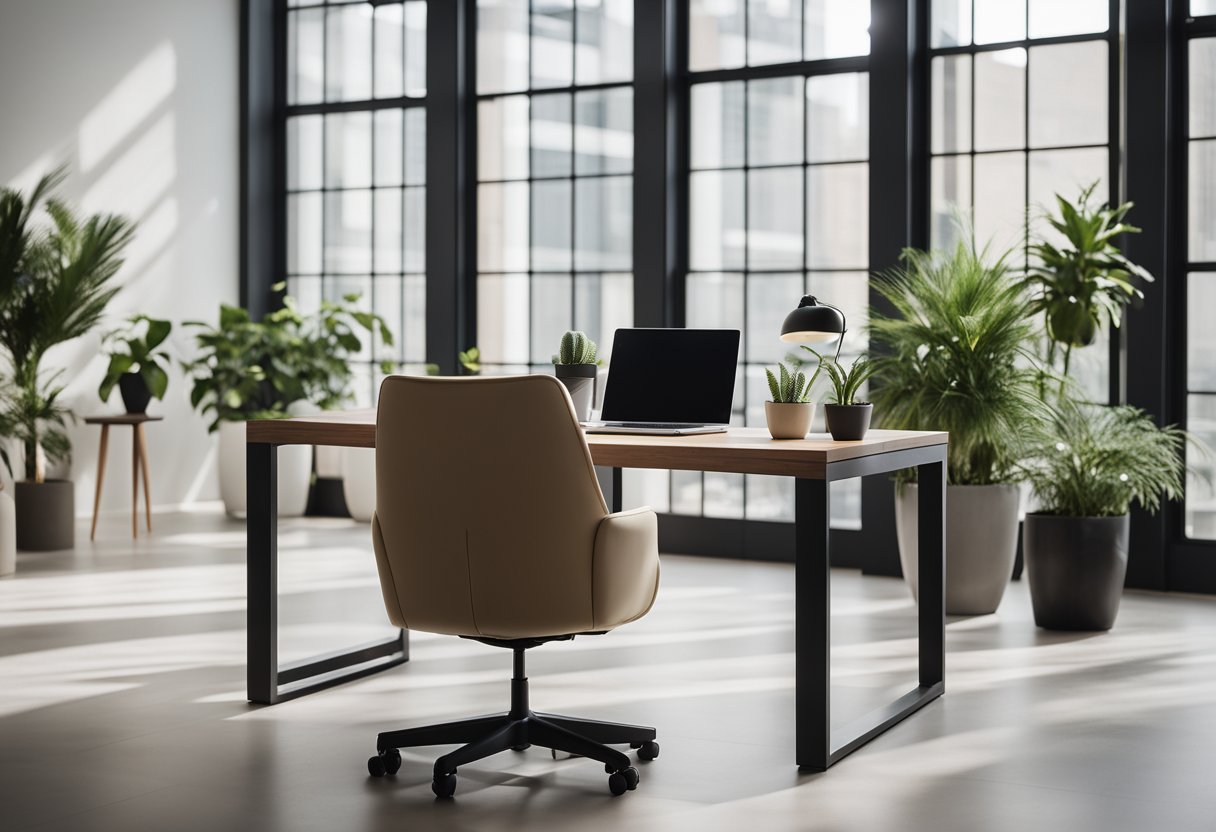 A modern, minimalist office space with sleek furniture, clean lines, and a neutral color palette. A large window brings in natural light, and potted plants add a touch of greenery