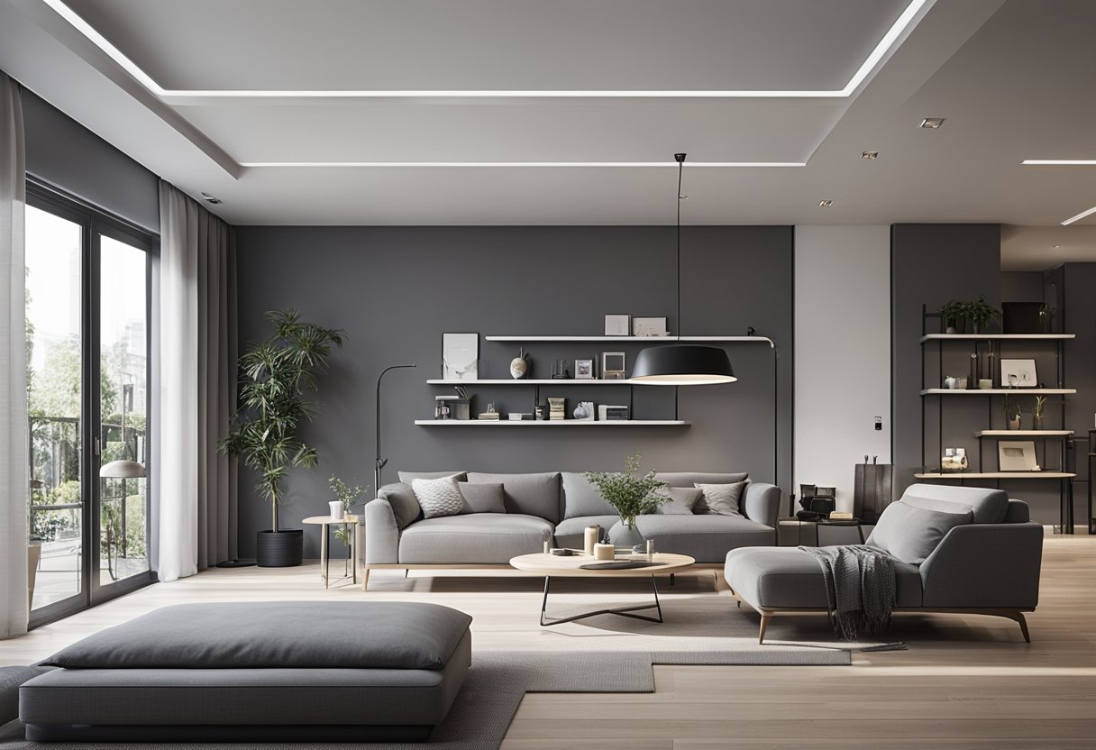 A spacious room with grey and white wood interior design, featuring clean lines and minimalistic furniture arrangement