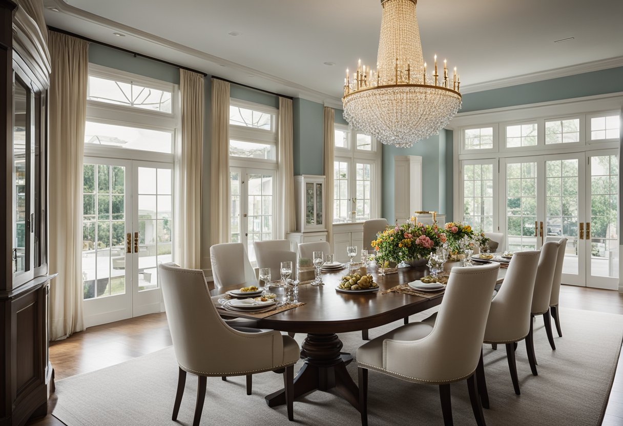 A spacious dining room with a long wooden table, surrounded by upholstered chairs. Large windows let in natural light, highlighting the elegant chandelier above the table. The walls are adorned with colorful artwork, and a sideboard displays fine china and glassware
