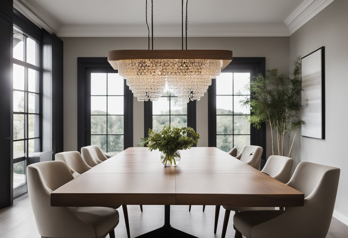 A well-lit dining room with a large wooden table, modern chairs, and a statement chandelier. The space features neutral tones, large windows, and minimalist decor