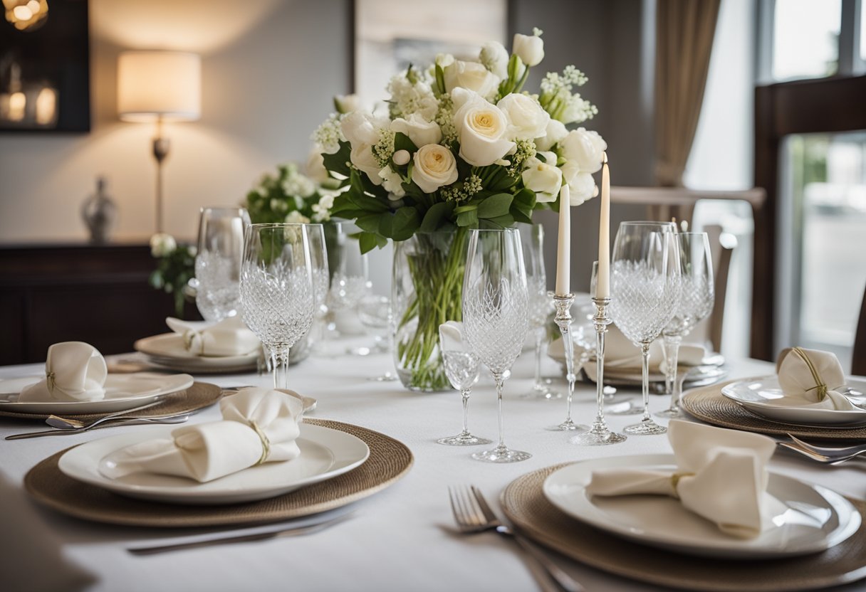 The dining room table is set with elegant placemats, napkins, and personalized name cards. A vase of fresh flowers and unique centerpieces add a touch of sophistication to the room