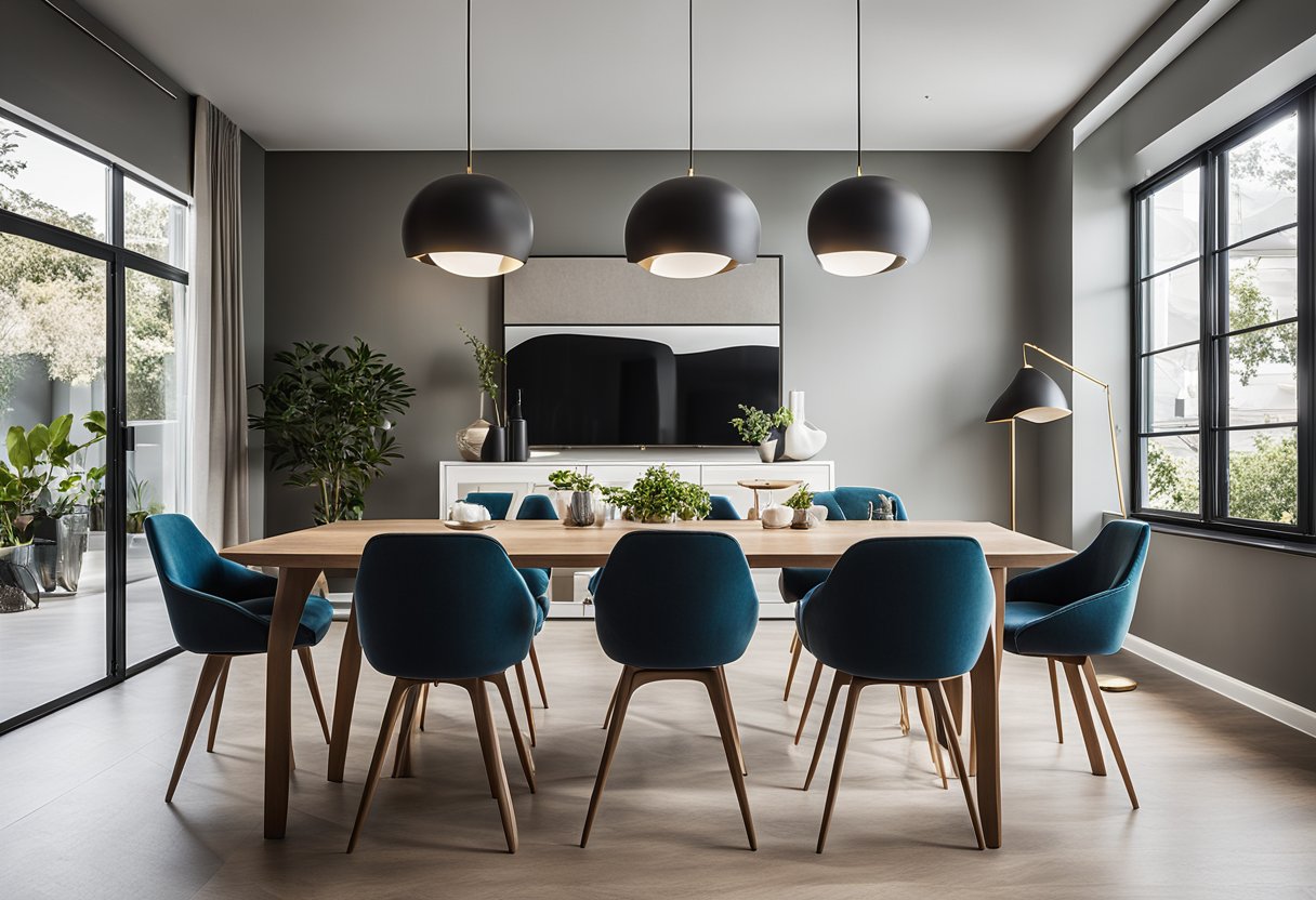 A modern dining room with sleek furniture, pendant lighting, and a statement wall art. The space is bright and airy, with a mix of natural and artificial light