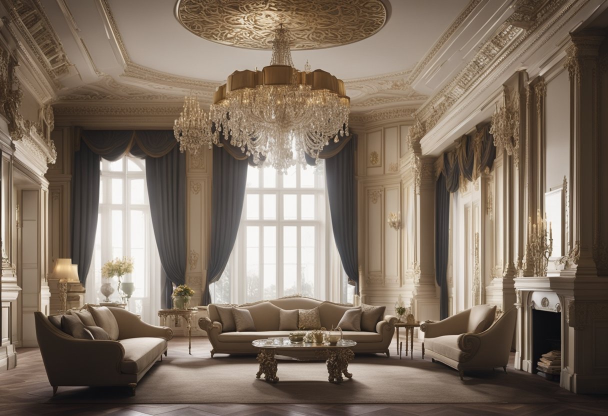 A grand Georgian interior with ornate molding, elegant furniture, and opulent chandeliers, featuring a mix of traditional and contemporary elements