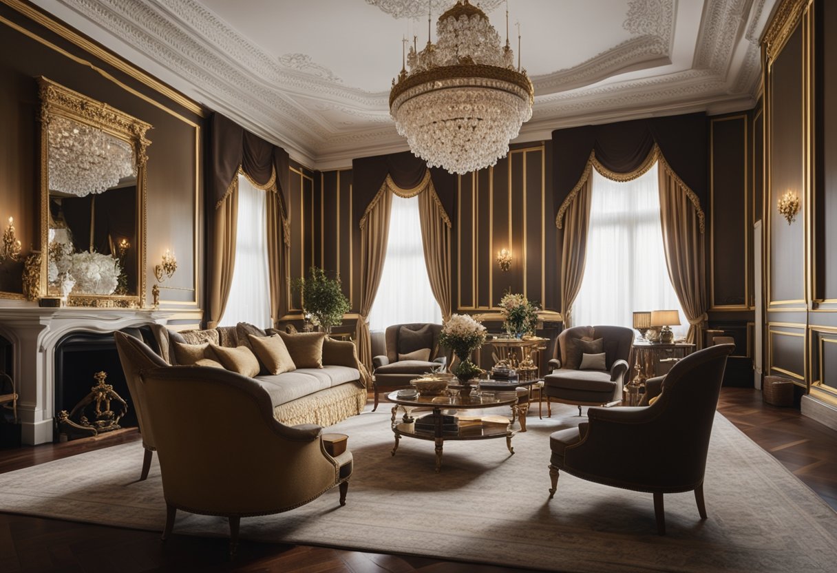 A grand Georgian-style room with ornate molding, large windows, and elegant furniture arranged in symmetrical patterns. Rich colors and luxurious fabrics add to the opulent atmosphere