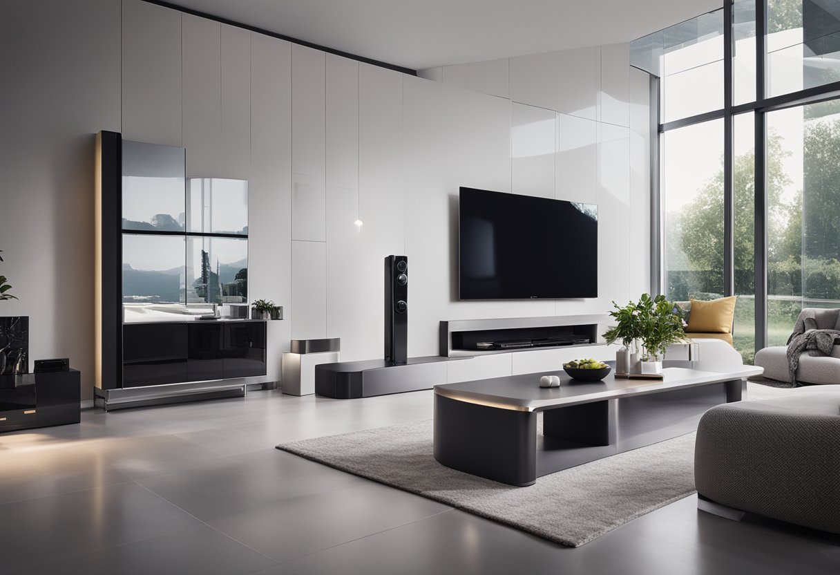 A sleek, modern living room with futuristic furniture and smart home technology. A minimalist color palette and clean lines create a sense of sophistication and innovation