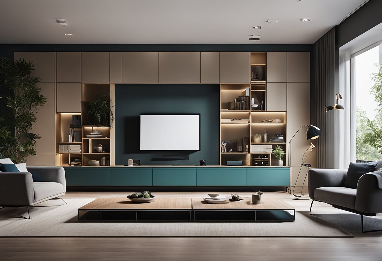 A modern living room with multifunctional furniture and smart storage solutions, creating a sleek and organized space for relaxation and productivity
