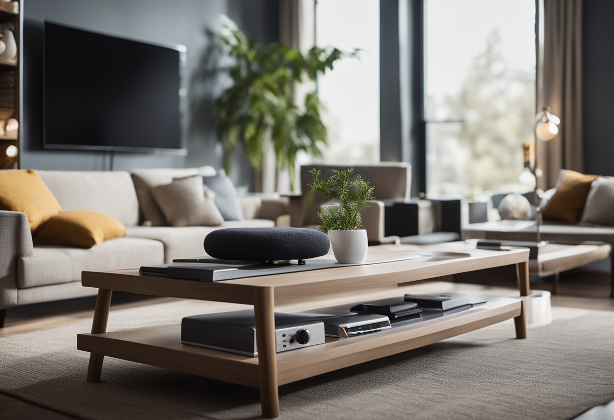 A cozy living room with tactile textures, braille labels, and contrasting colors for easy navigation. Large, clear print on furniture labels and audio cues for orientation