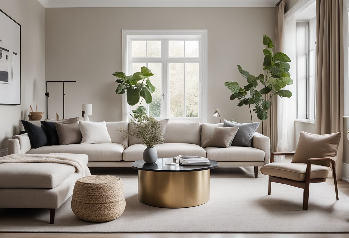 A well-lit, minimalist living room with a neutral color palette, sleek furniture, and carefully curated decor items