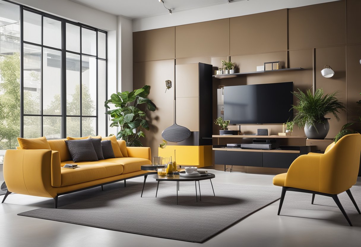A bright, modern room with sleek furniture and innovative design products on display. Clean lines and vibrant colors create a dynamic atmosphere