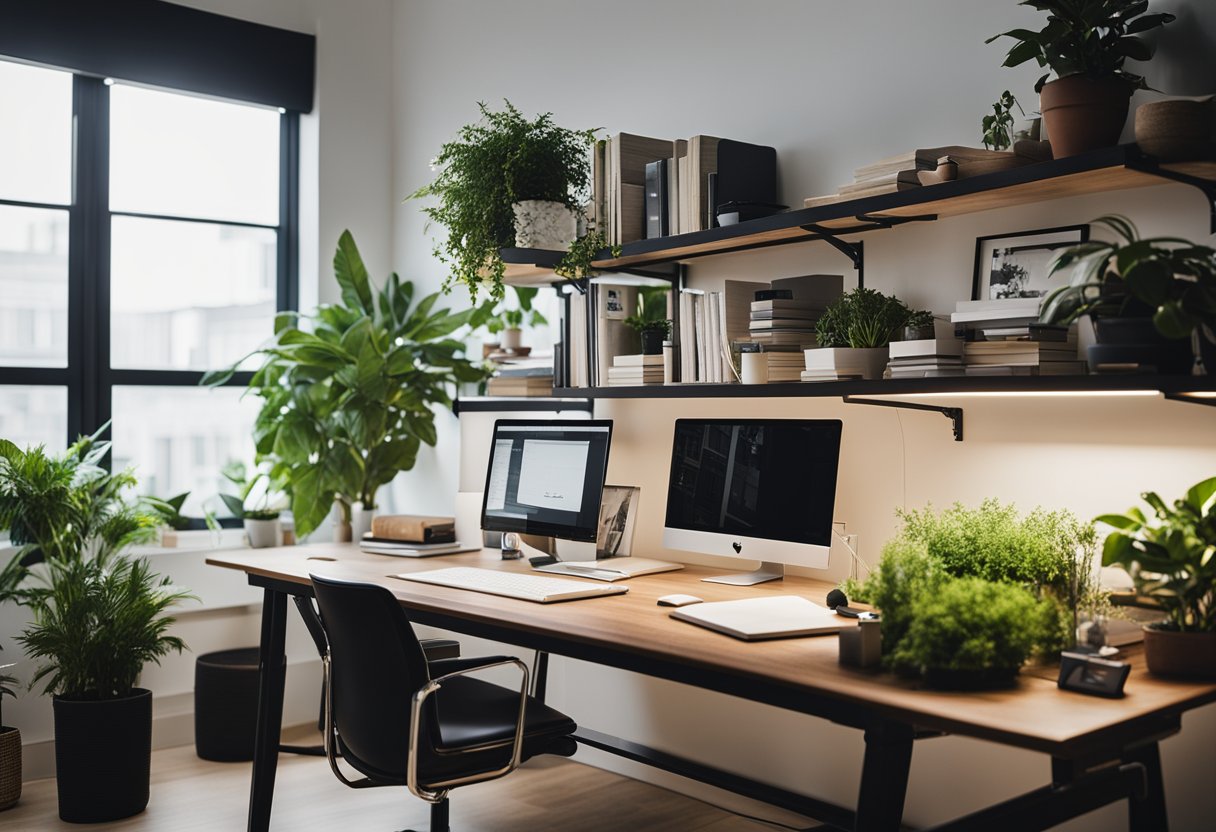 A clean, modern workspace with a drafting table, mood boards, and a computer. A shelf displays design books and a plant adds a touch of greenery