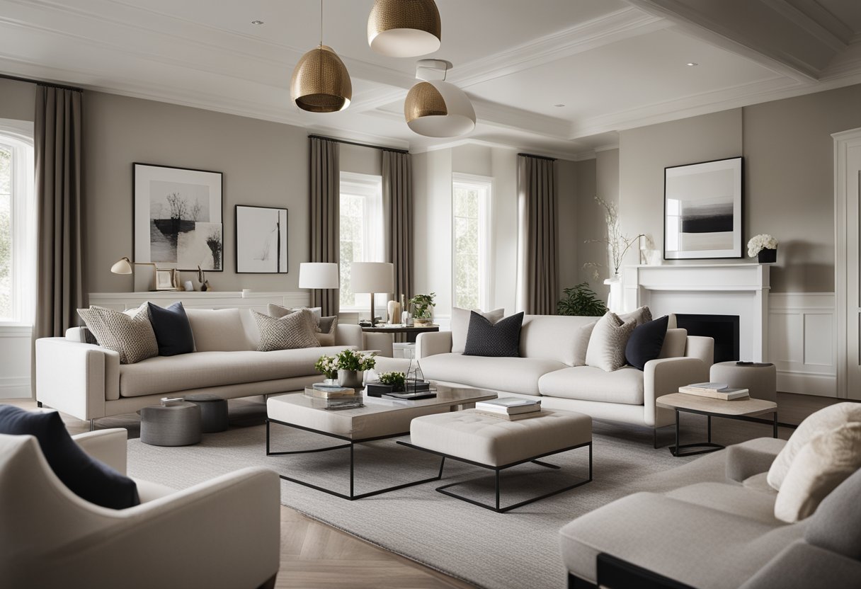 A sleek, modern living room with clean lines, neutral colors, and carefully curated decor that reflects sophistication and attention to detail