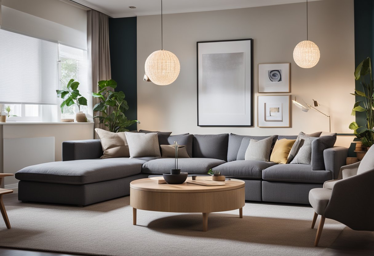 A cozy living room with tactile furniture, braille labels, and contrasting textures for easy navigation and comfort. Bright, adjustable lighting and clear pathways complete the accessible design