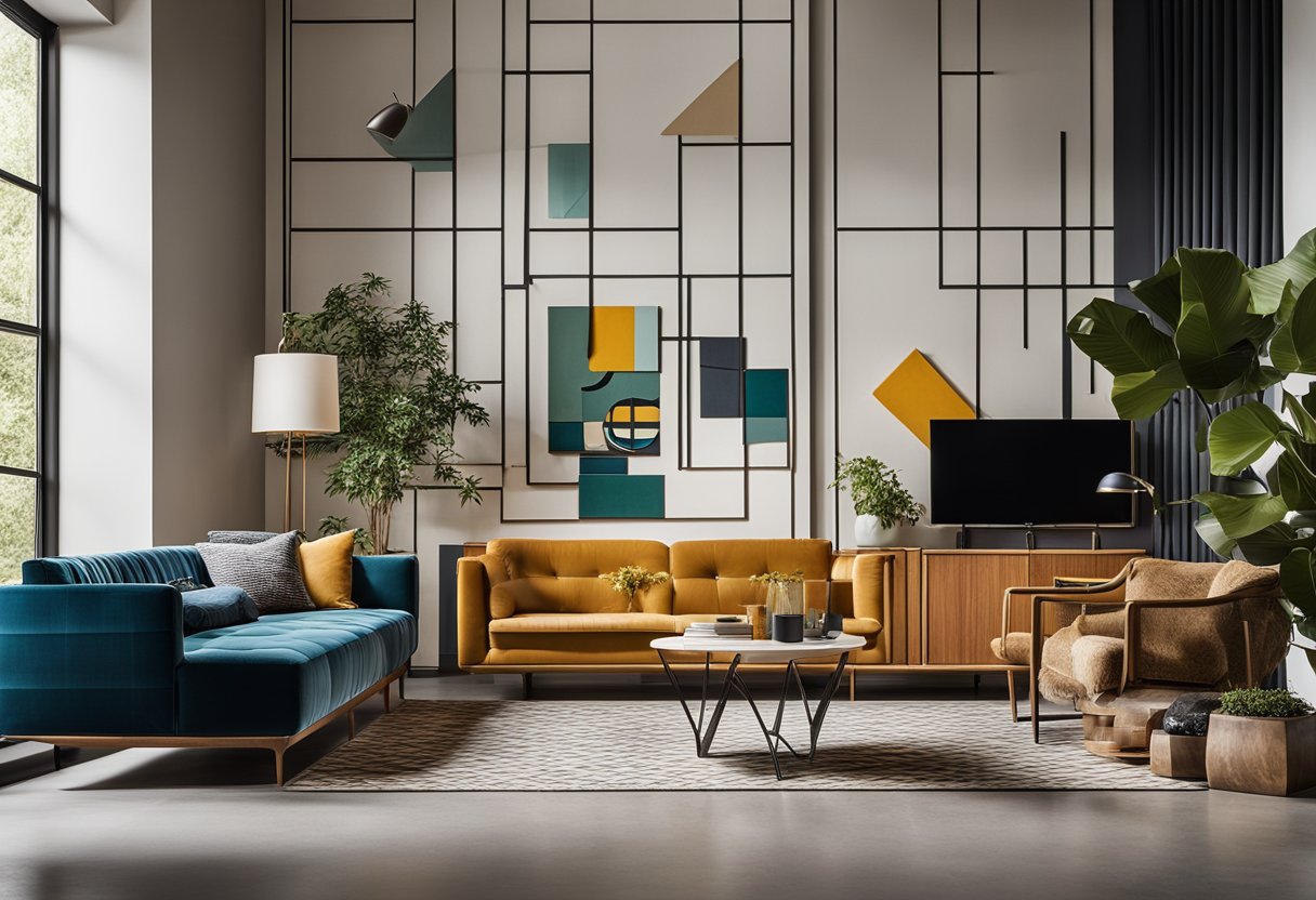 A modern living room with bold colors, geometric patterns, and natural materials. A statement wall adorned with unique artwork and a mix of vintage and contemporary furniture pieces