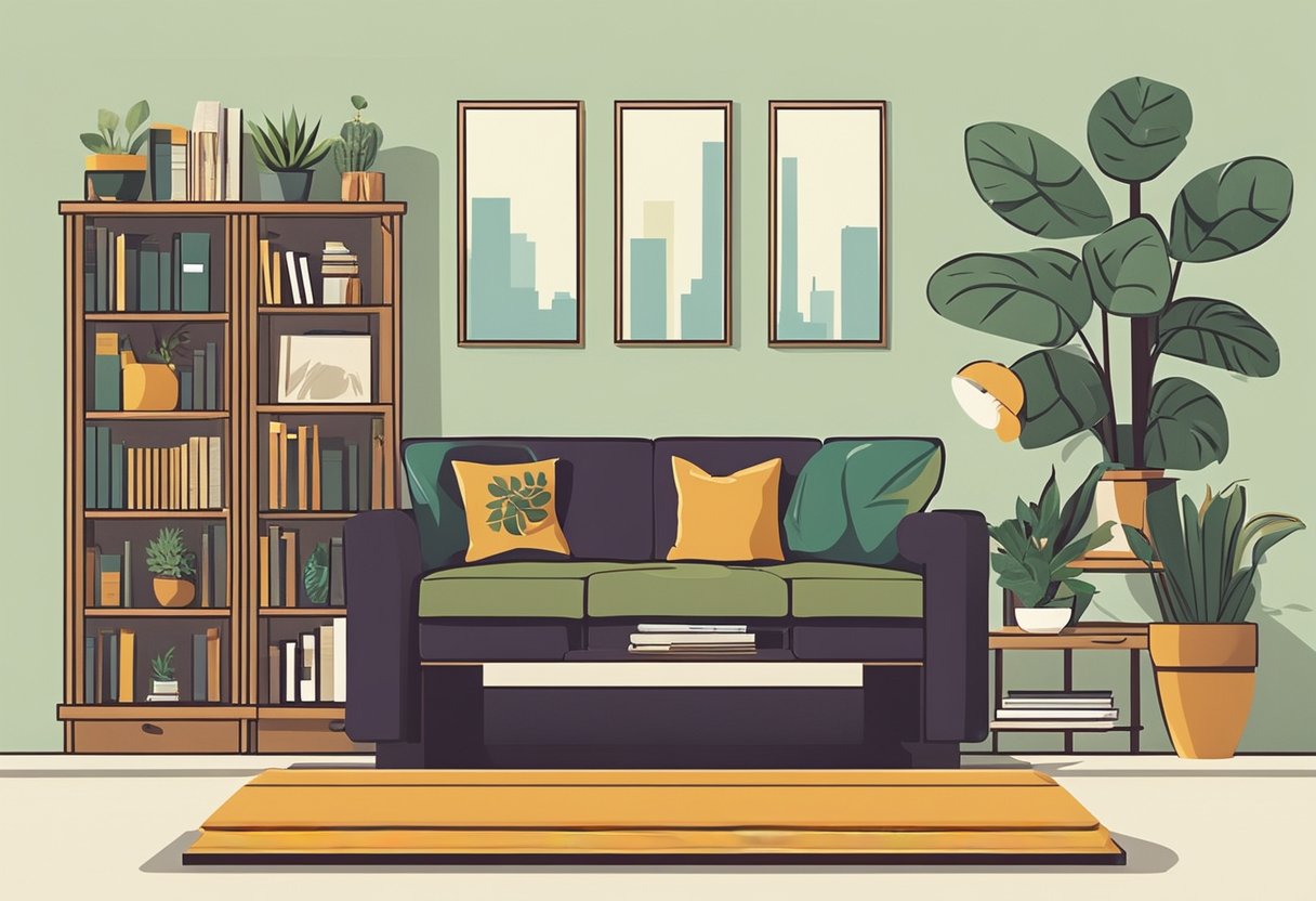 A cozy living room with a modern sofa, plants, and warm lighting. A bookshelf filled with design books and a desk with a computer for research and inspiration