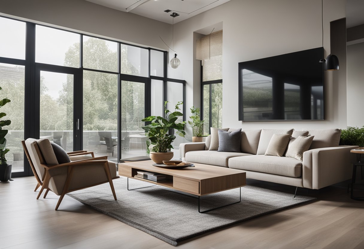 A modern living room with a neutral color palette, sleek furniture, and natural lighting from large windows