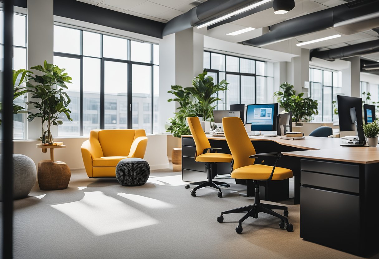 A modern office space with sleek furniture and pops of color. A large desk sits in the center, surrounded by comfortable seating and stylish decor. Bright natural light streams in through the windows, illuminating the space