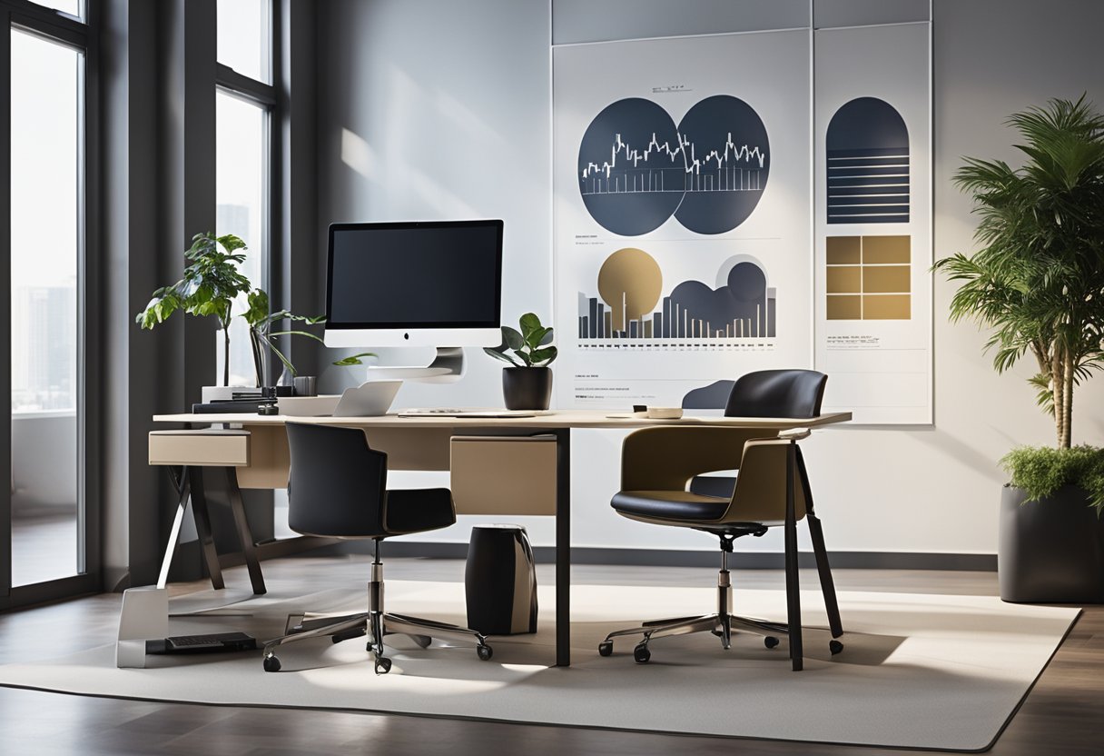 The template features modern furniture, a sleek color palette, and clean lines. Financial charts and graphs adorn the walls, while a stylish desk and chair sit in the center of the room