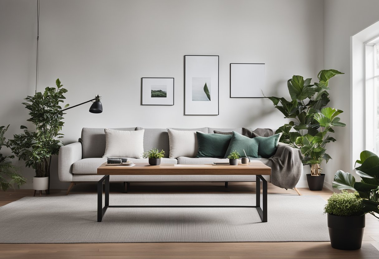 A cozy living room with a modern sofa, coffee table, and plants. A sleek desk with a computer and stylish chair. Clean, minimalist design