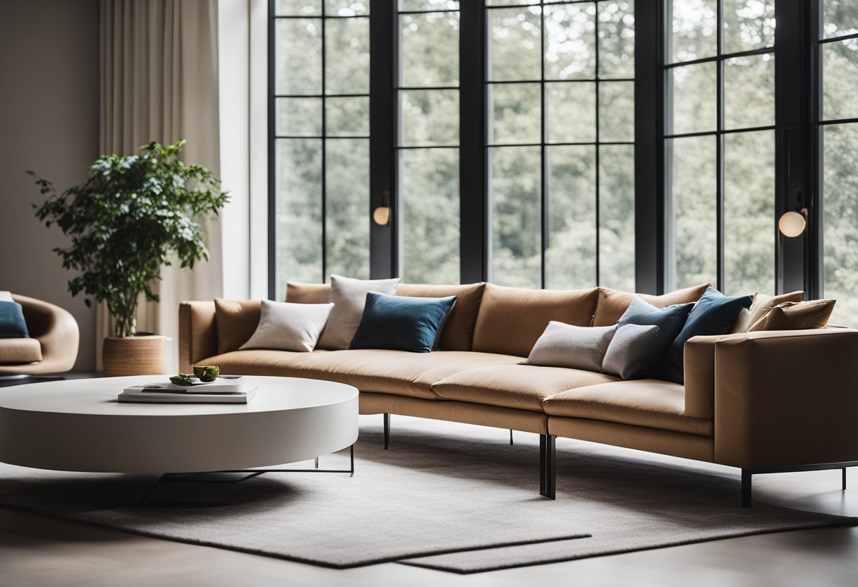 A modern living room with a sleek sofa, geometric coffee table, and abstract wall art. Large windows let in natural light, illuminating the minimalist decor